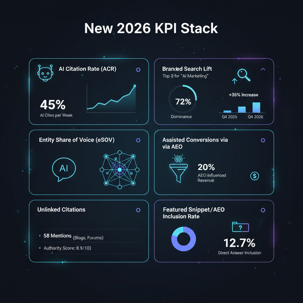 A sleek dashboard-style graphic illustrating the new KPIs with small icons: a robot head for ACR, a network graph for eSOV, a magnifying glass for Branded Search Lift, a speech bubble for Unlinked Citations, and a funnel for Assisted Conversions.